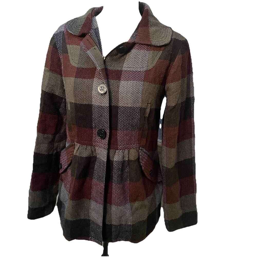 Volcom "Plaid to the Bone" Women's Pea Coat Jacket S Burgundy Grey Poetcore Y2K